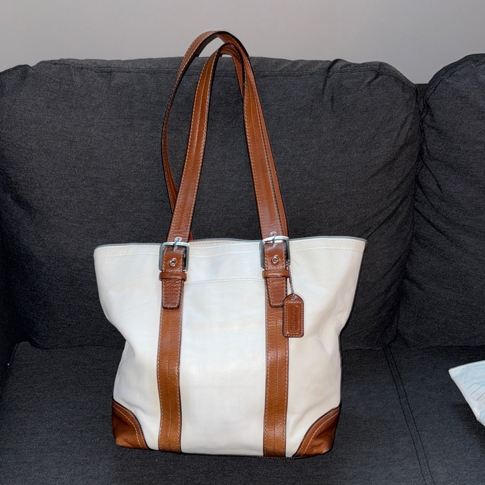 Coach White and Brown Leather Tote Bag